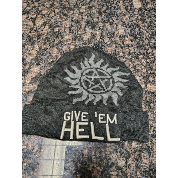 Supernatural Other - Supernatural Give 'Em Hell Black Beanie Hat Demon Trap Graphic
